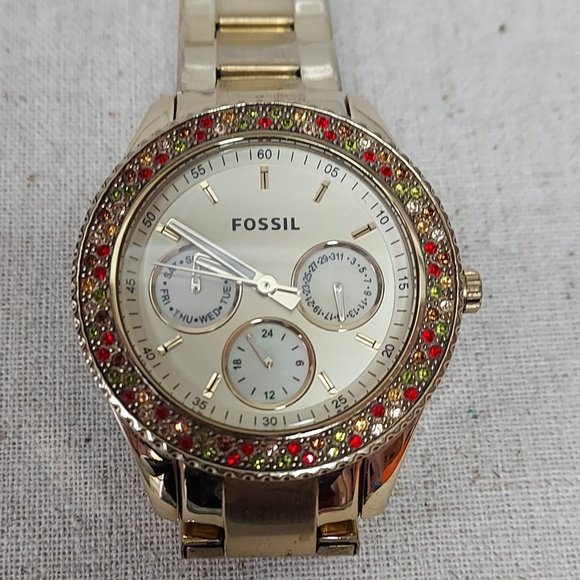 Soft Gold Fossil three dial Watch w Green, red & champagne colored rhinestones - Picture 1 of 5